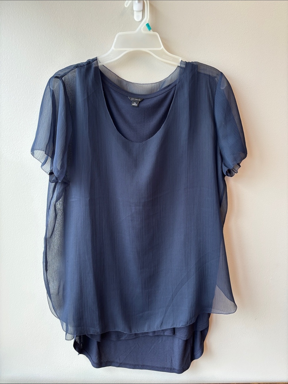 Ann Taylor Navy Sheer Layered Scoop-Neck Blouse